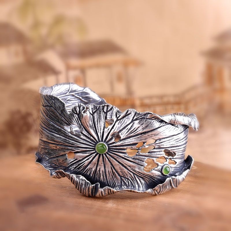 925 Silver bracelet lotus embossed bracelet inlaid with jade