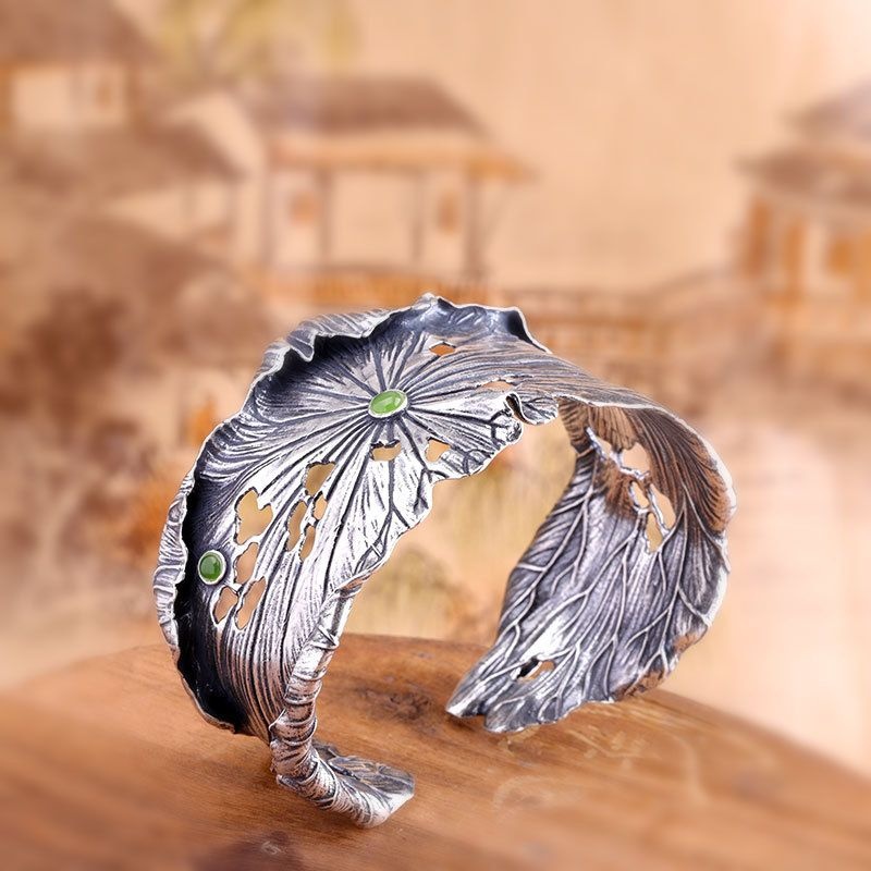 925 Silver bracelet lotus embossed bracelet inlaid with jade