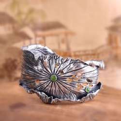 925 Silver bracelet lotus embossed bracelet inlaid with jade