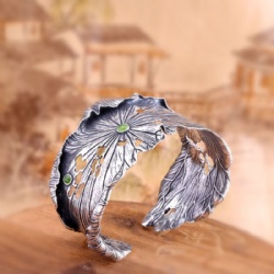 925 Silver bracelet lotus embossed bracelet inlaid with jade